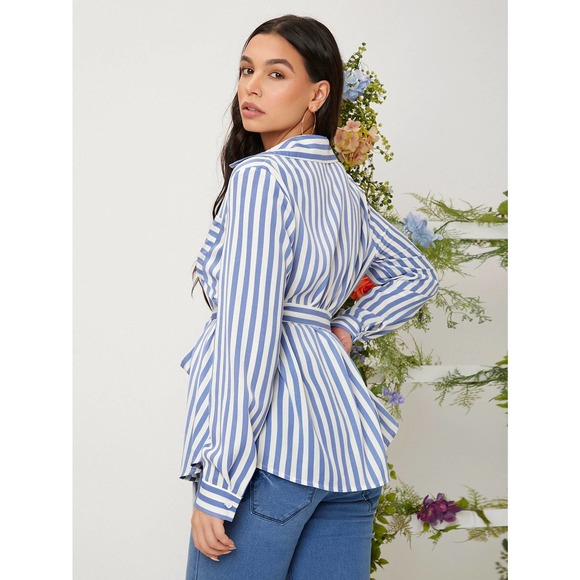 Maternity Striped Patched Pocket Belted Blouse - Picture 2 of 7